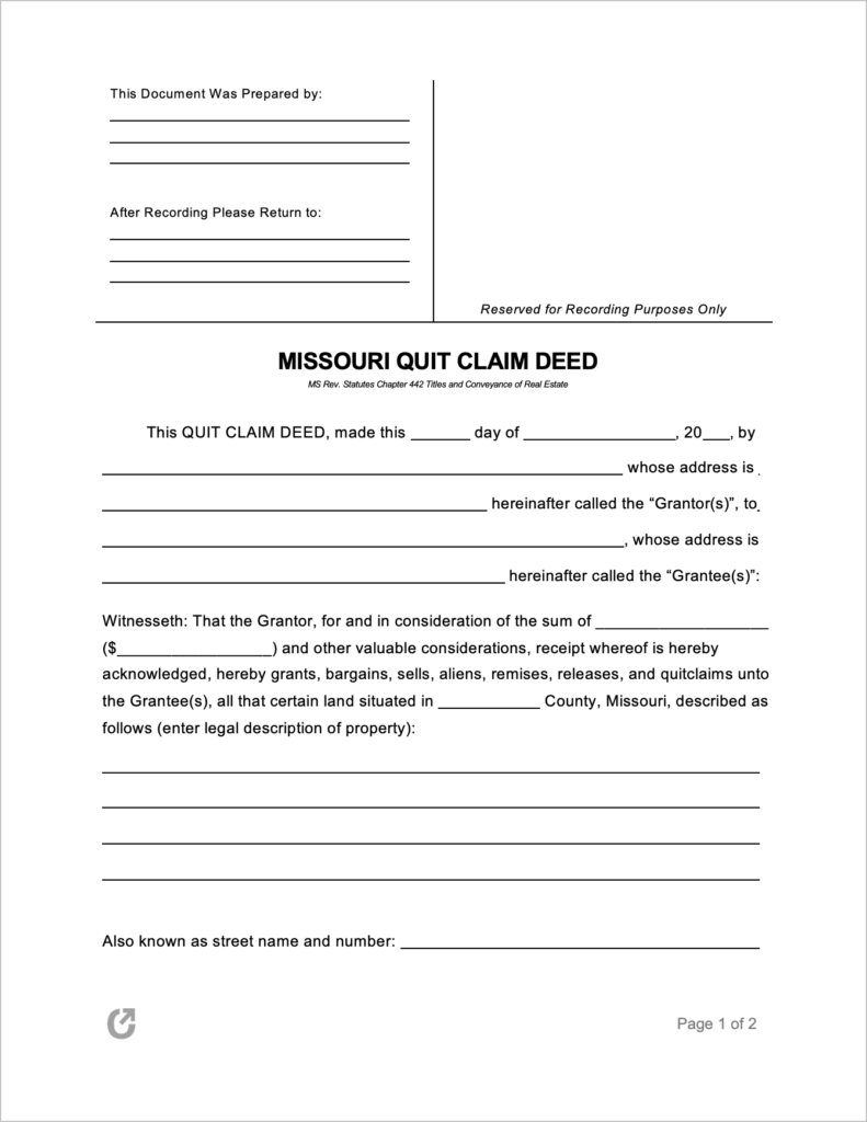 Free Missouri Quit Claim Deed Form PDF WORD