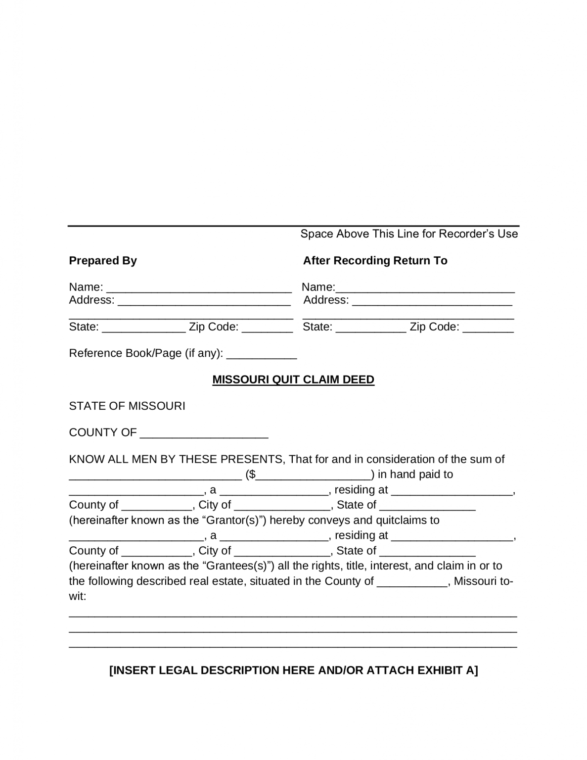 Free Missouri Quit Claim Deed Form Word PDF EForms