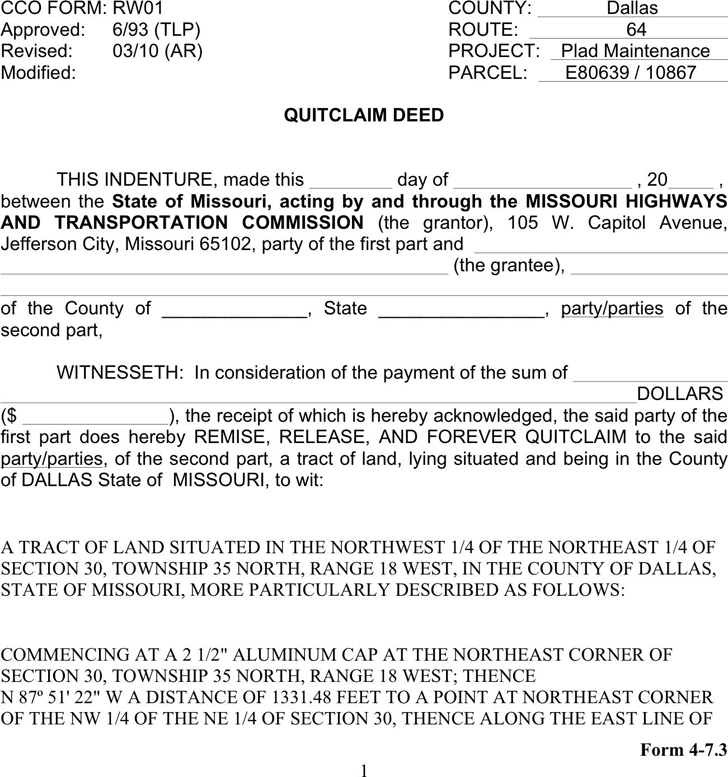 Free Missouri Quitclaim Deed Form Doc 40KB 3 Page s 