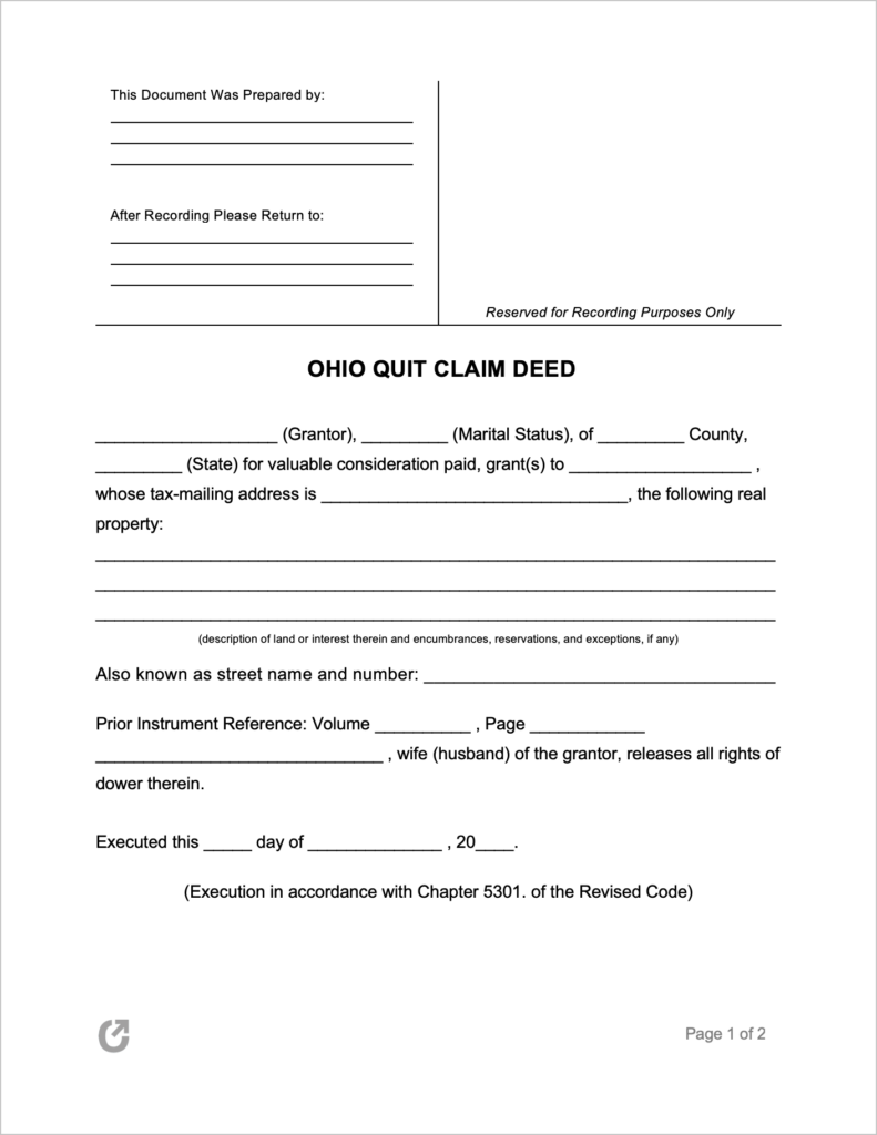 Free Ohio Quit Claim Deed Form PDF WORD