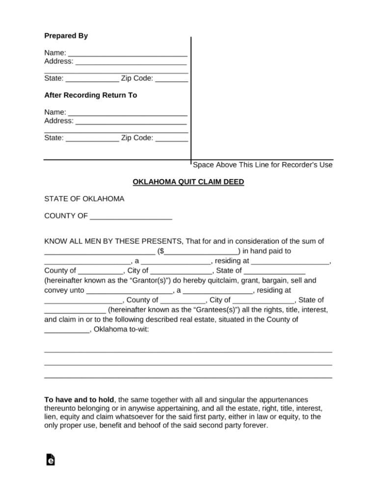 Free Oklahoma Quit Claim Deed Form Word PDF EForms - CountyForms.com