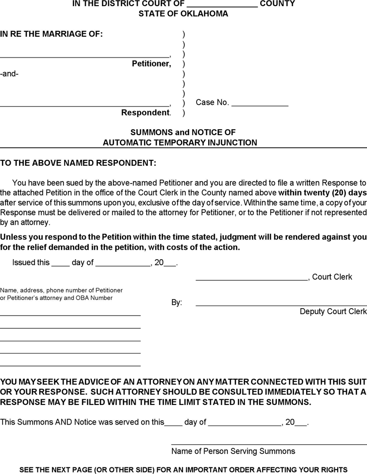 Free Oklahoma Summons And Notice Of Automatic Temporary Injunction Form 