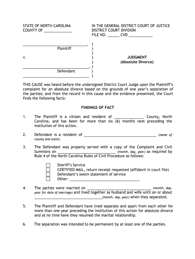 Free Printable Divorce Papers For North Carolina