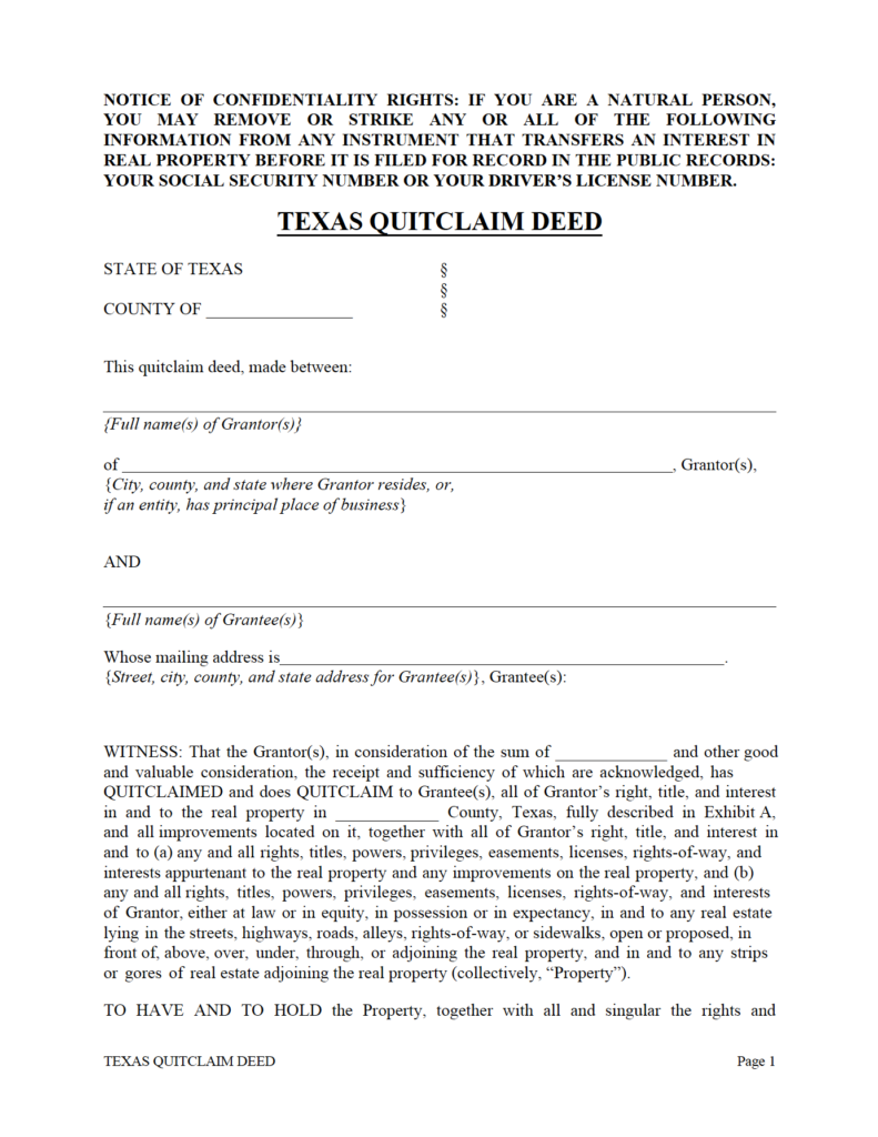 Free Printable Quit Claim Deed Form Texas Free Printable Templates