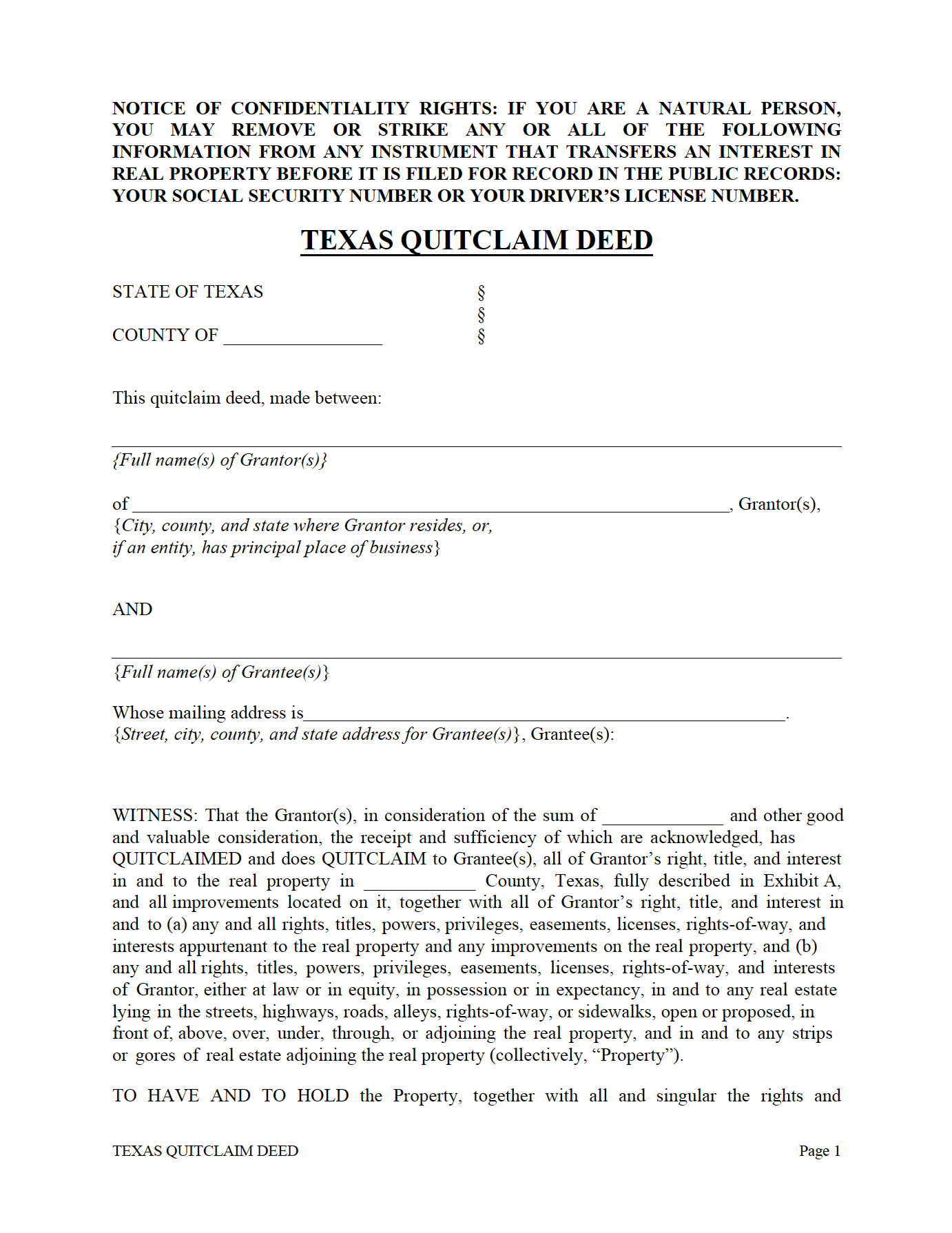 Free Printable Quit Claim Deed Form Texas Free Printable Templates