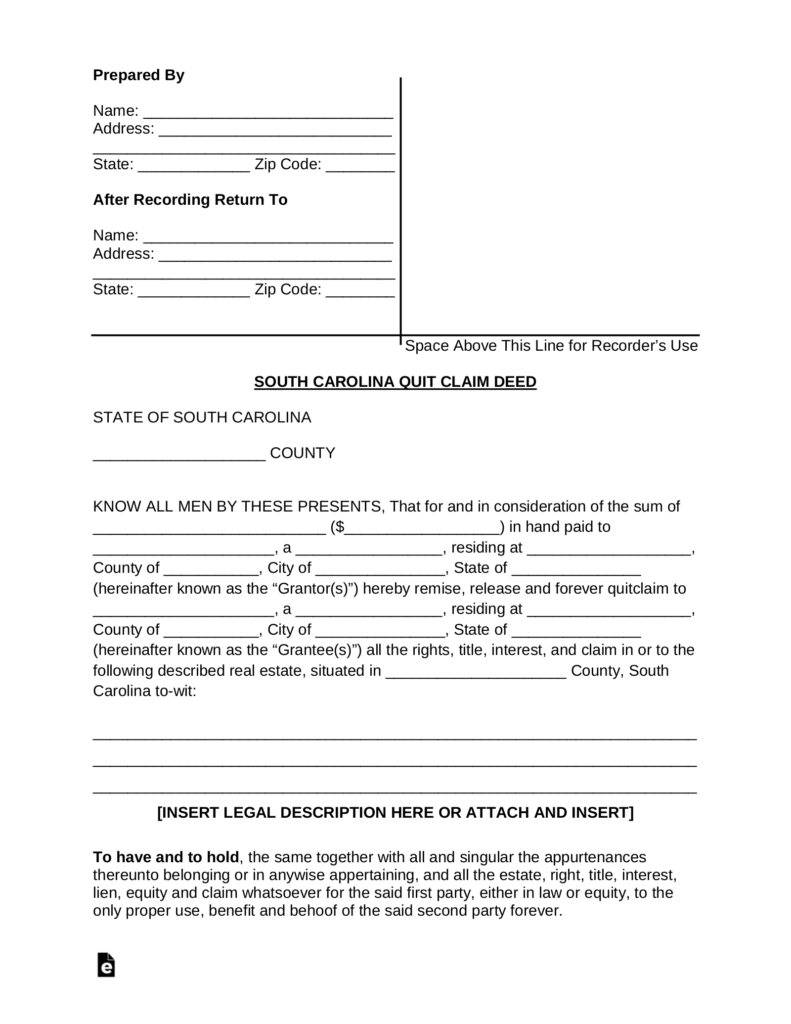 Free South Carolina Quit Claim Deed Form PDF Word EForms