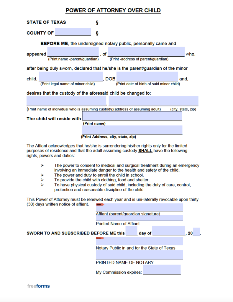 Free Texas Minor Child Power Of Attorney Form PDF