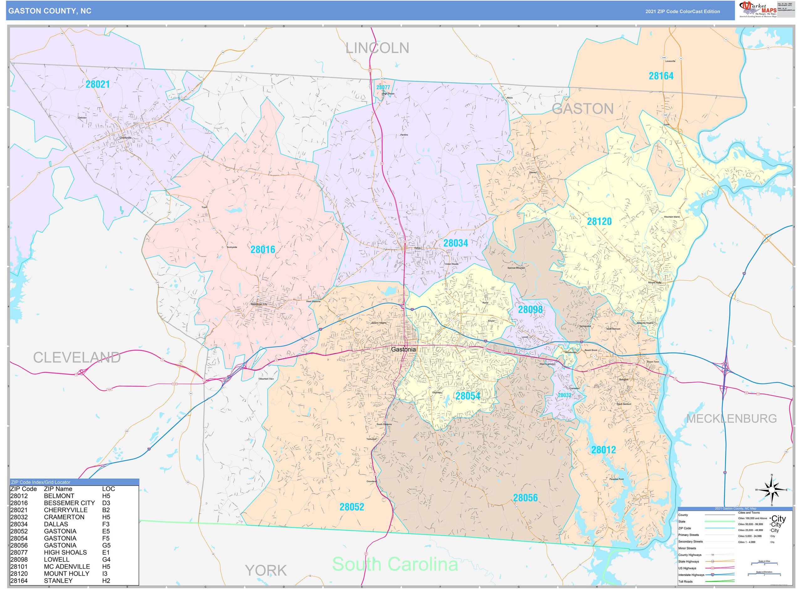 Gaston County NC Wall Map Color Cast Style By MarketMAPS MapSales