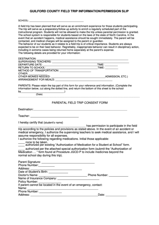 Guilford County Field Trip Information permission Slip Form Printable 