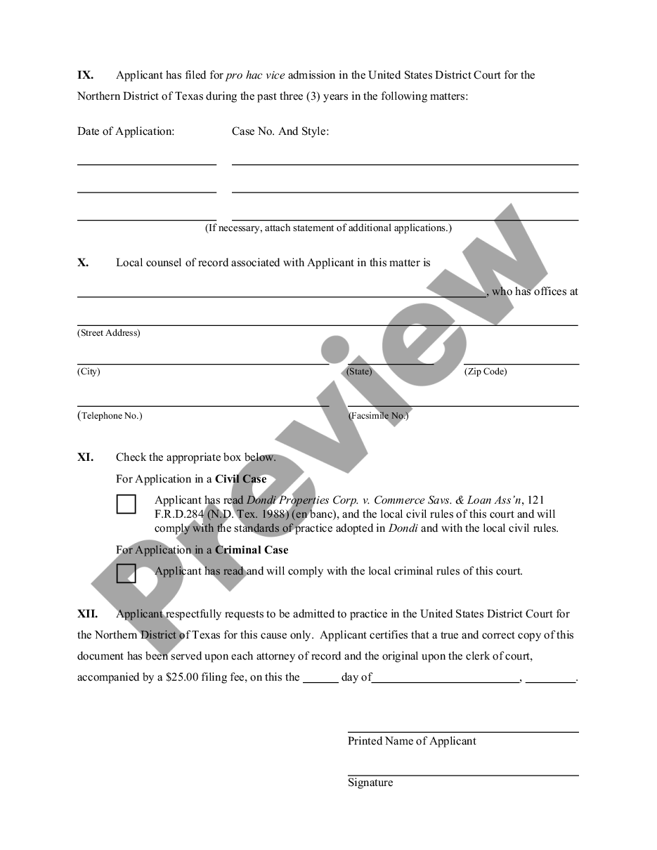 Harris Texas Application And Order For Admission Pro Hac Vice US 