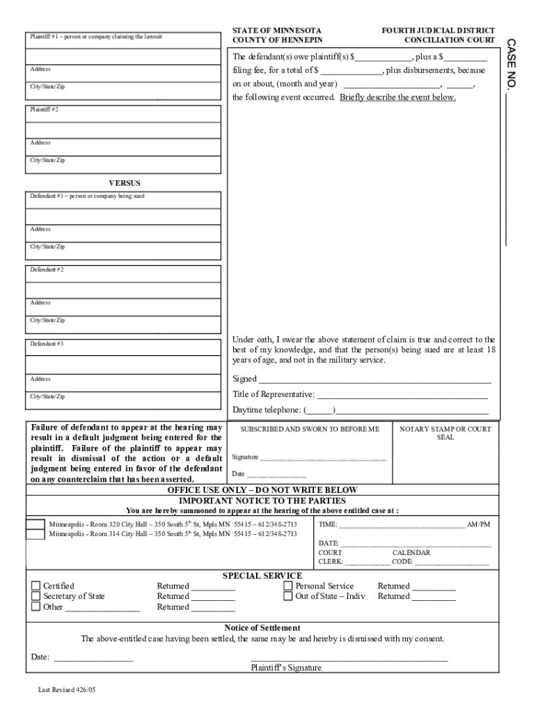 Hennepin County Conciliation Court Form Fill Out And Sign Printable 