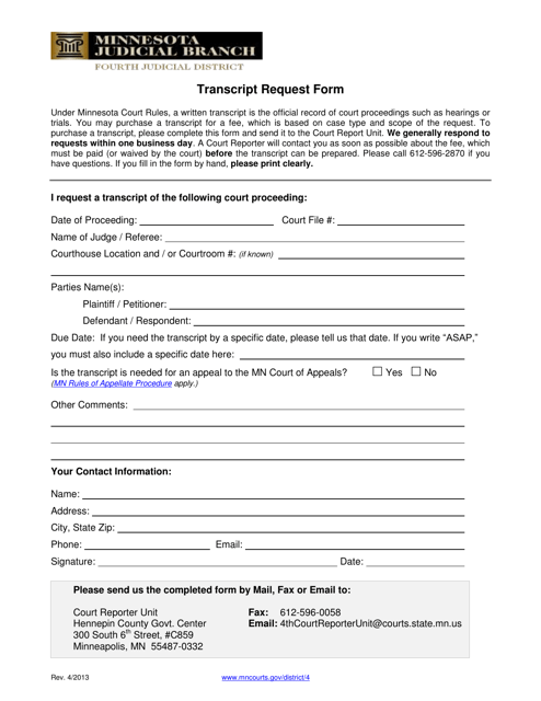 Hennepin County Minnesota Transcript Request Form Download Printable 