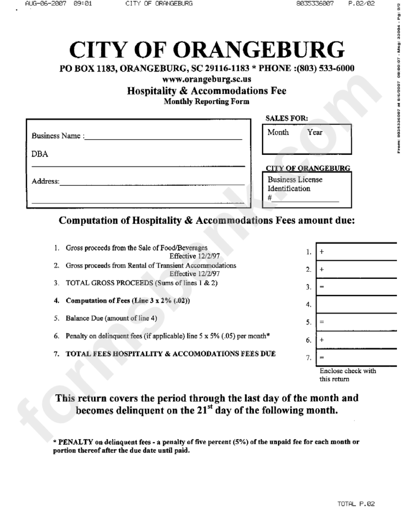 Hospitality And Accommodations Fee Monthly Reporting Form City Of 