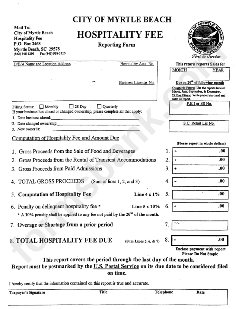 Hospitality Fee Reporting Form Printable Pdf Download
