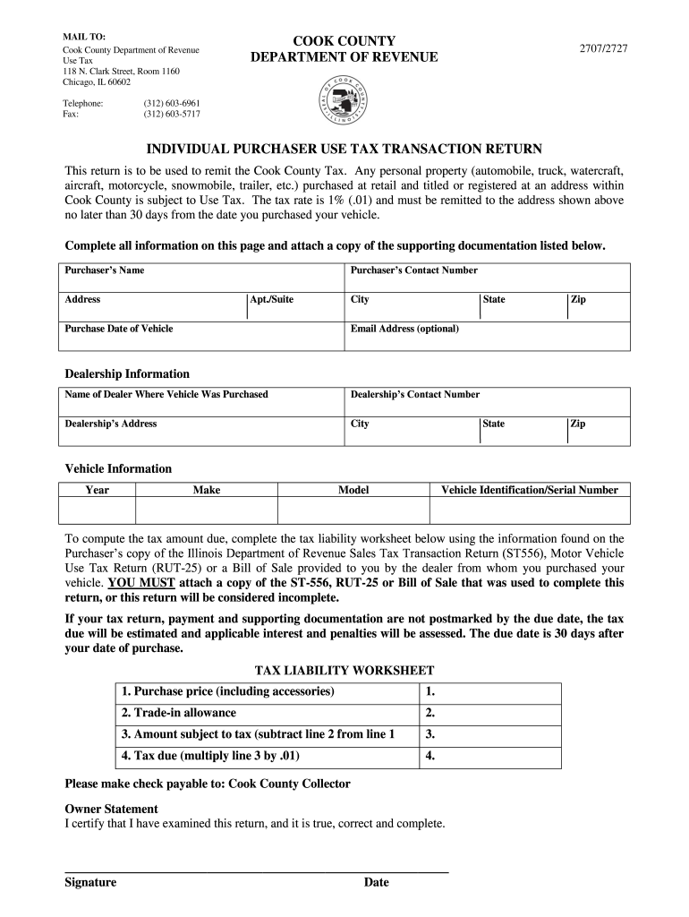 IL Individual Purchaser Use Tax Transaction Return Cook County Fill 