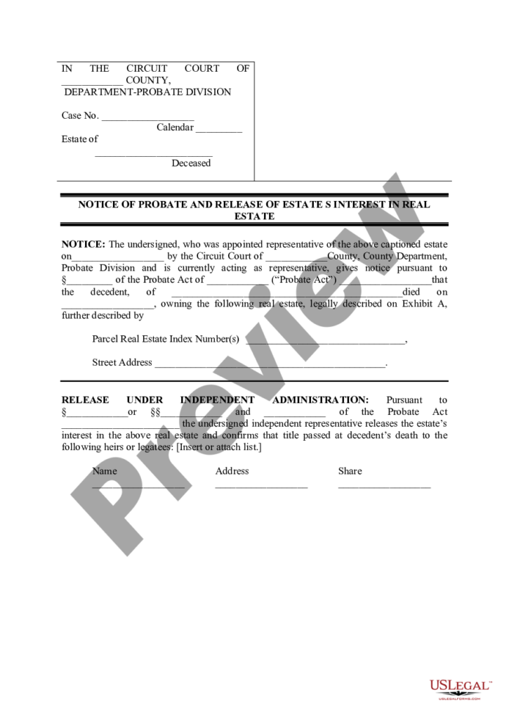 Illinois Notice Of Probate And Release Of Estate Interest In Real 