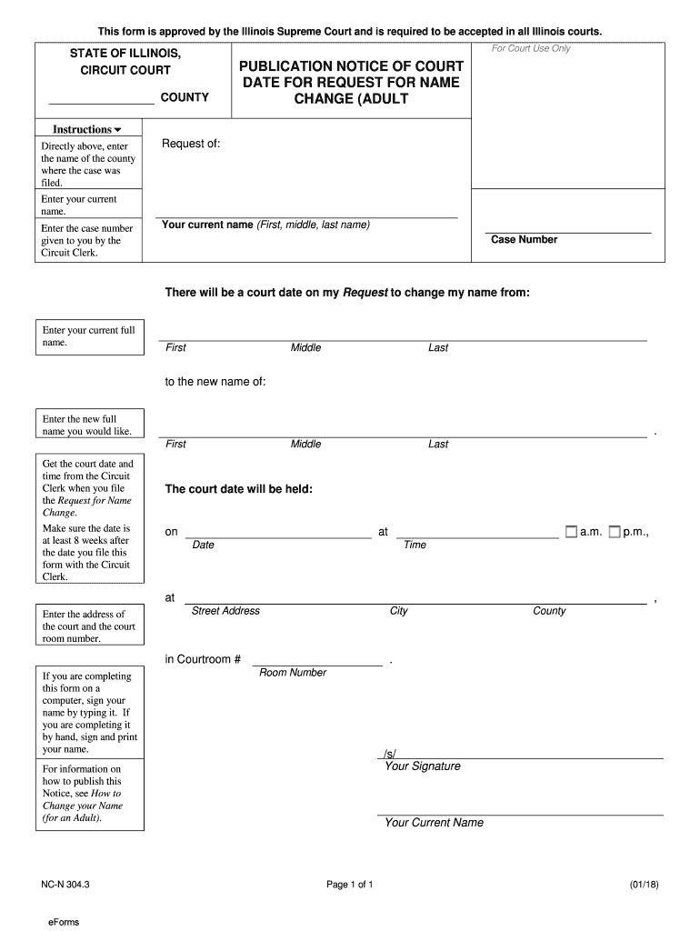 Illinois Publication Notice Of Court Date For Request For Name Change 