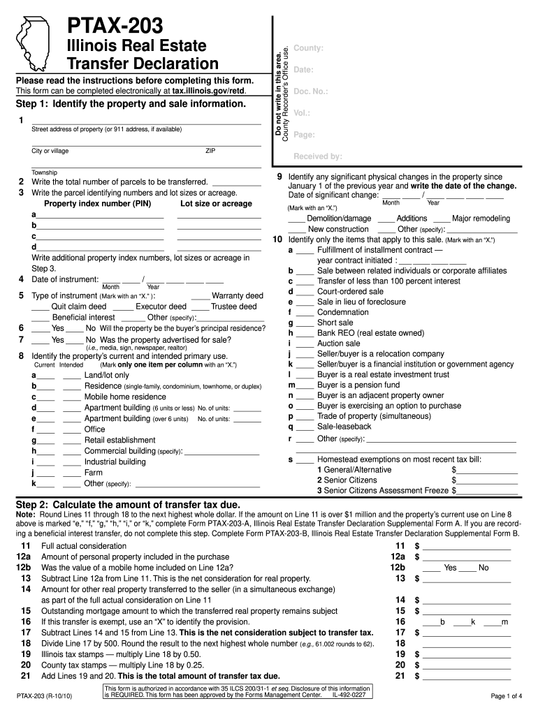 Illinois Real Estate Transfer Declaration Form PTAX 203 Instructions 