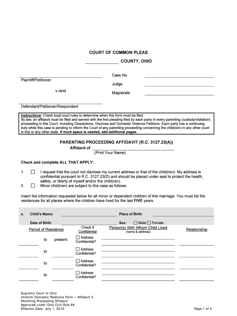 In The COURT Of COMMON PLEAS Of COUNTY OHIO Plaintiff Form Fill Out 