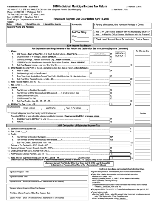 Individual Municipal Income Tax Return Form City Of Hamilton 2016