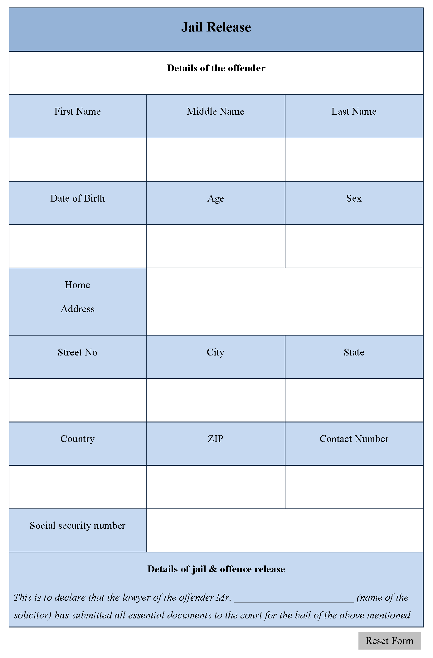 Jail Release Form Editable PDF Forms