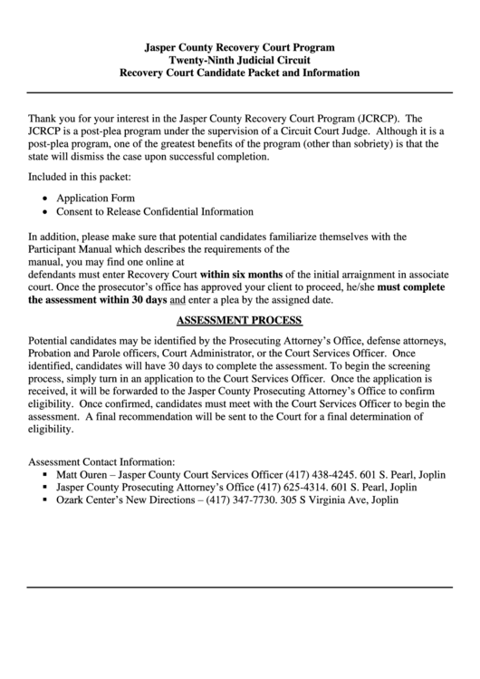 Jasper County Recovery Court Application Form Printable Pdf Download