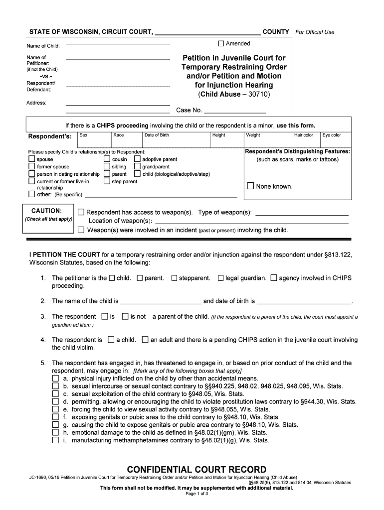 JC 1693 Petition In Juvenile Court For Temporary Restraining Form 