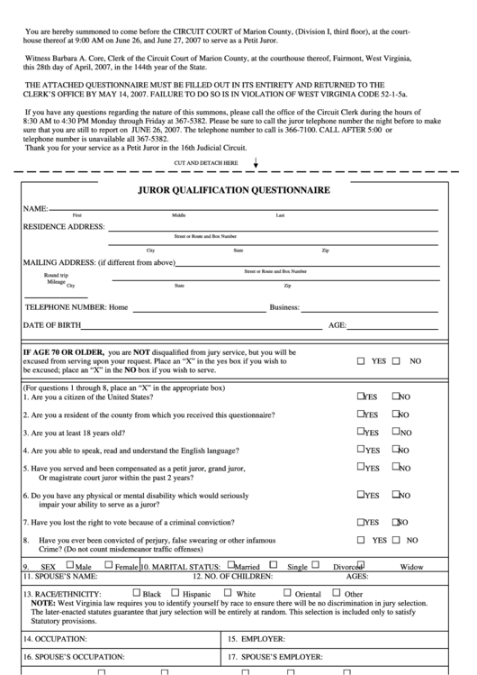 Juror Qualification Questionnaire Printable Pdf Download Gambaran