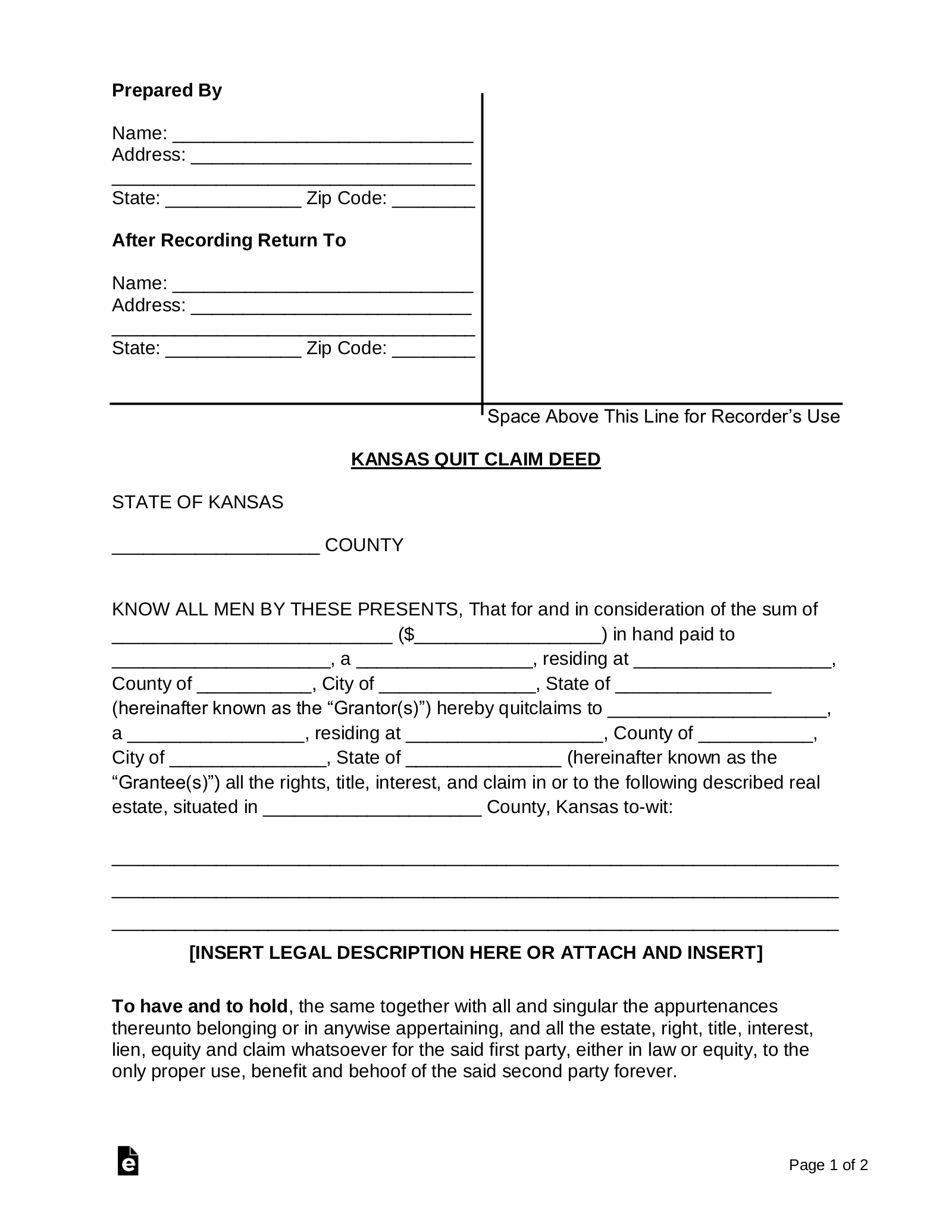 Kansas Quit Claim Deed Free Printable Legal Forms Gambaran