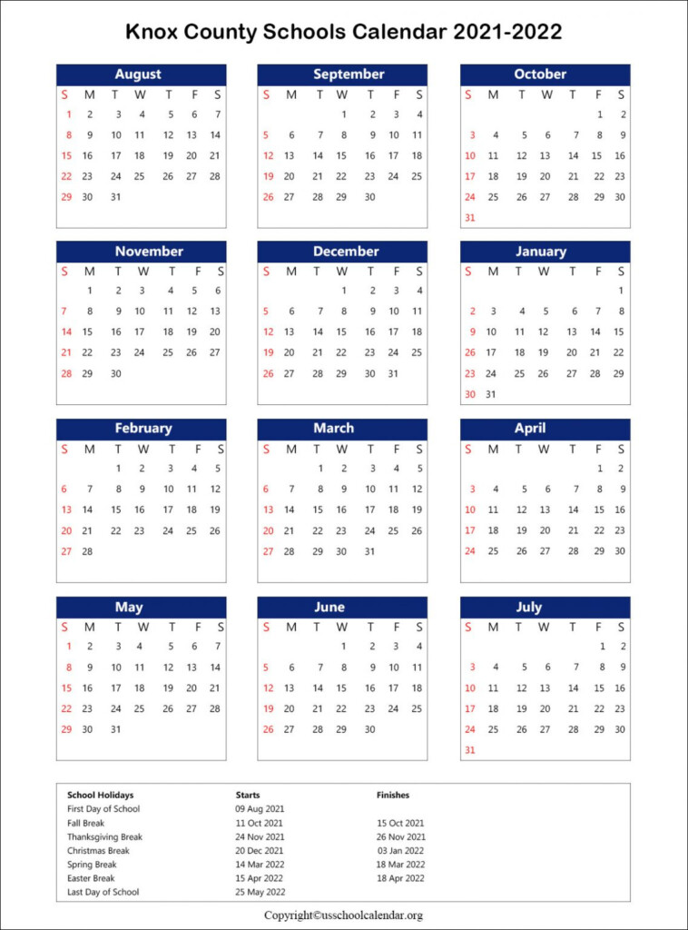 Knox County Schools Calendar With Holidays 2021 2022