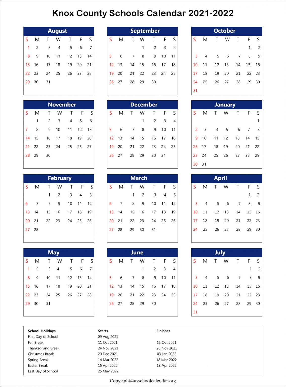 Knox County Schools Calendar With Holidays 2021 2022