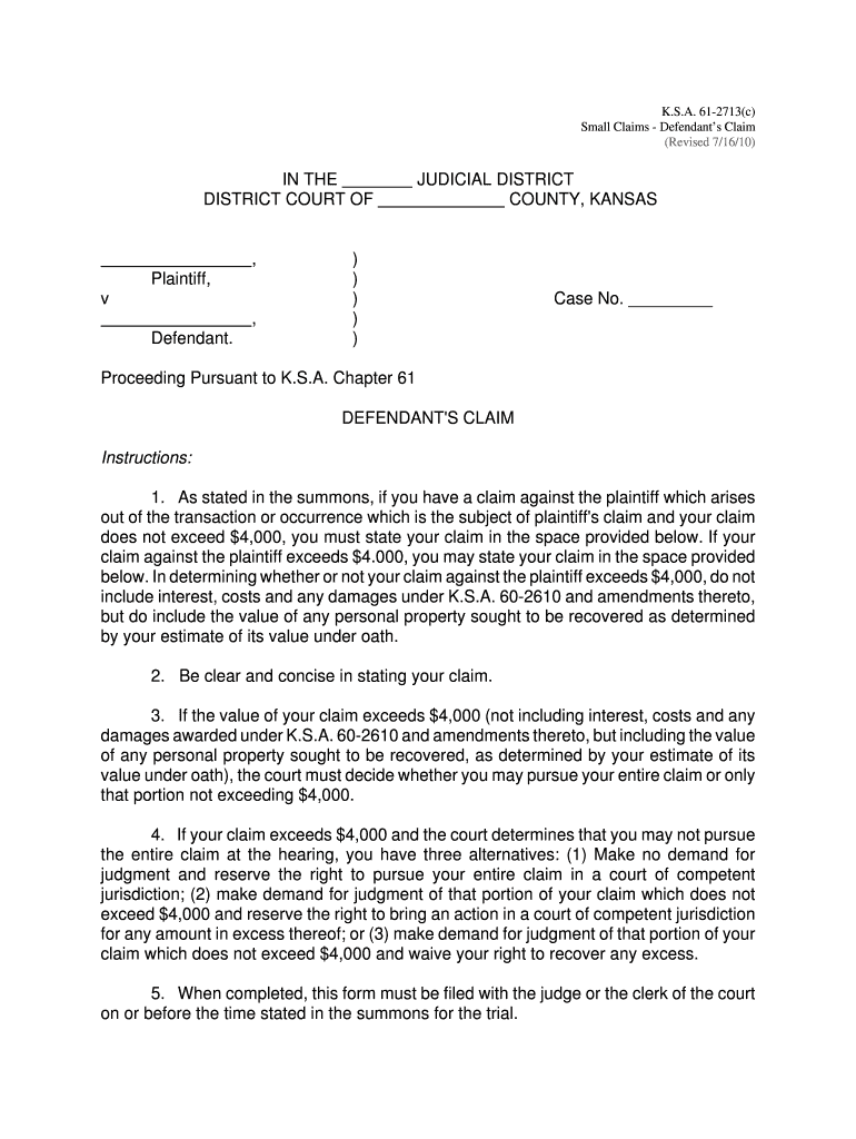 KS Defendant s Claim 2010 Complete Legal Document Online US Legal Forms