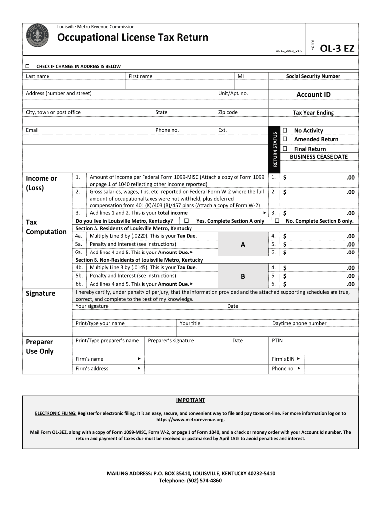 KY DoR OL 3EZ Louisville 2018 Fill Out Tax Template Online US 