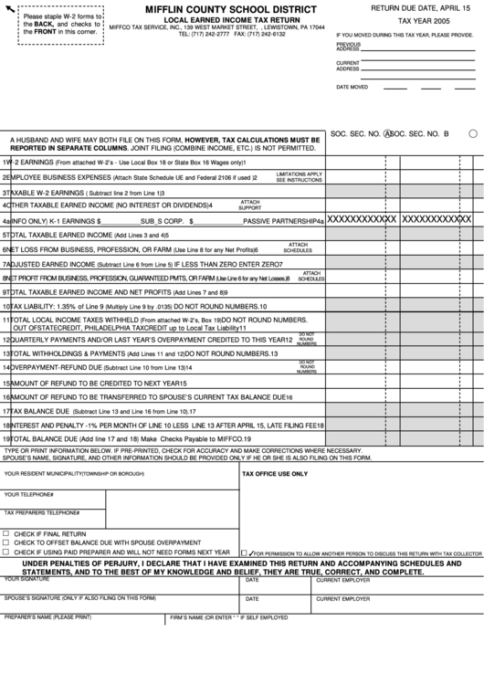 Local Earned Income Tax Return Form 2005 Printable Pdf Download