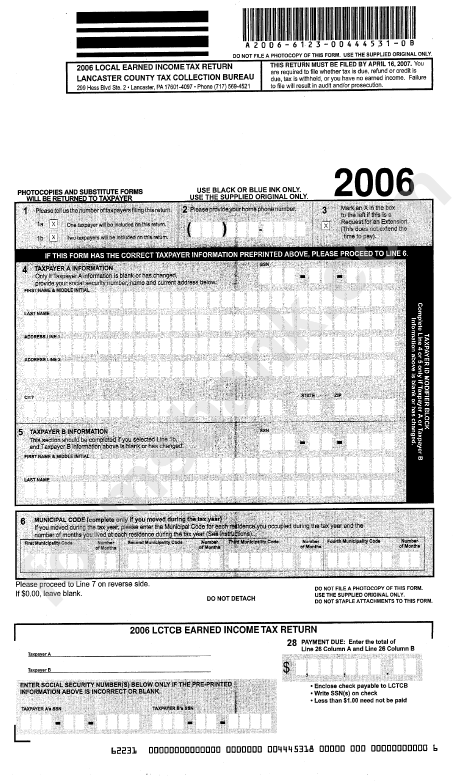 Local Earned Income Tax Return Form 2006 Lancaster County Tax 