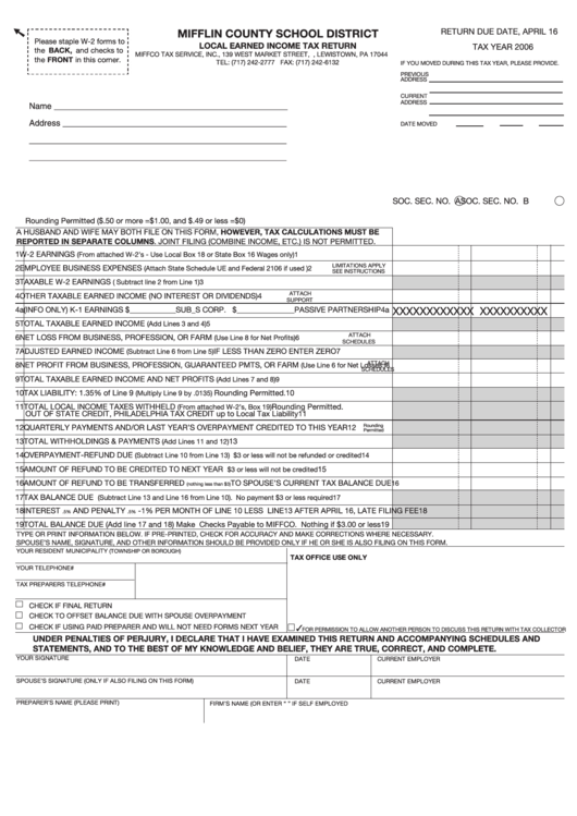 Local Earned Income Tax Return Form 2006 Printable Pdf Download