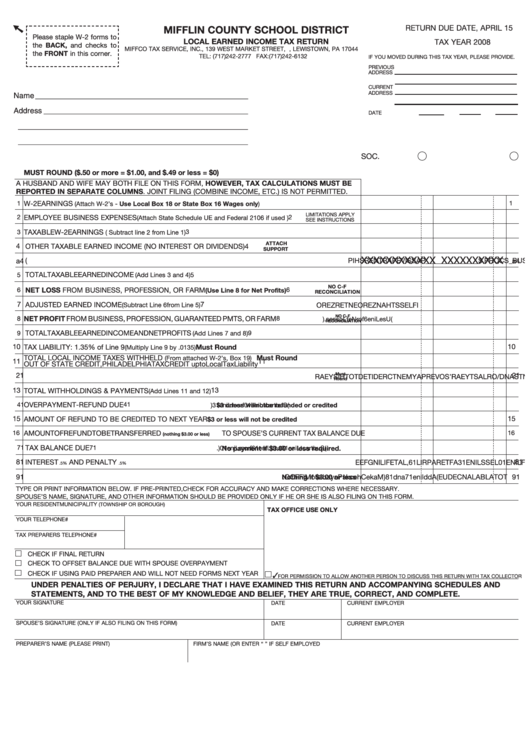 Local Earned Income Tax Return Mifflin County School District 2008 