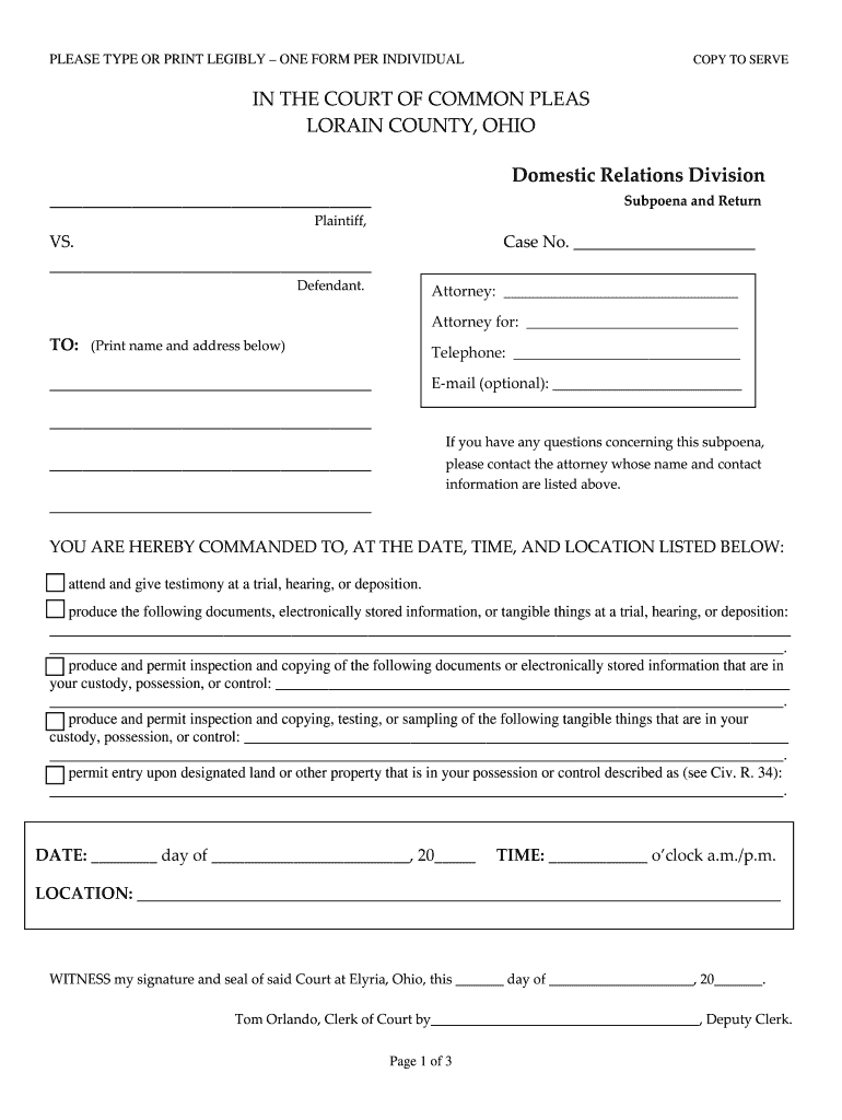 Lorain County Subpoena Form Fill Out And Sign Printable PDF Template 