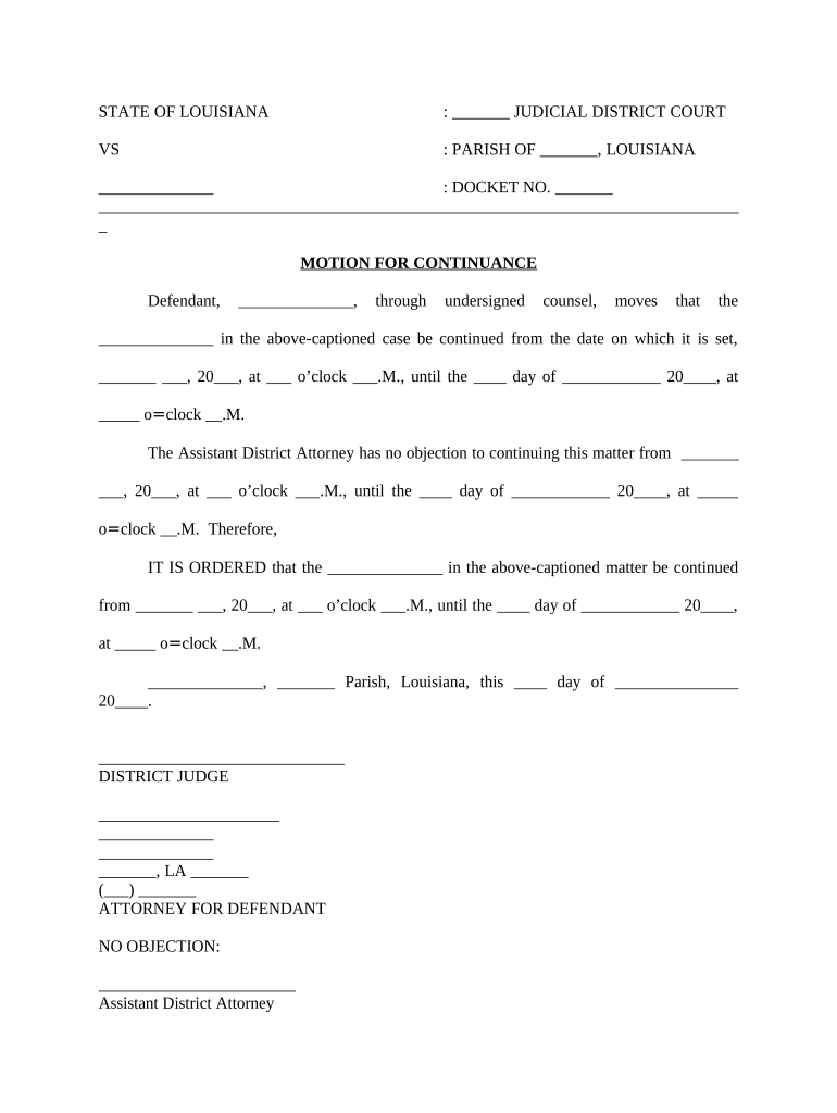 Louisiana Motion Continuance Form Fill Out And Sign Printable PDF 