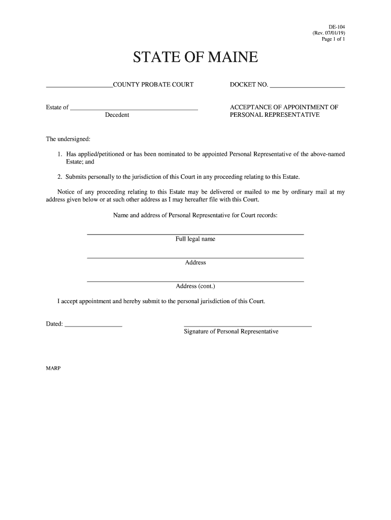 Maine Probate Form De 104 Fill Out Sign Online DocHub