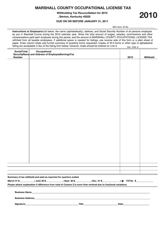 Marshall County Occupational License Tax Form 2010 Printable Pdf Download