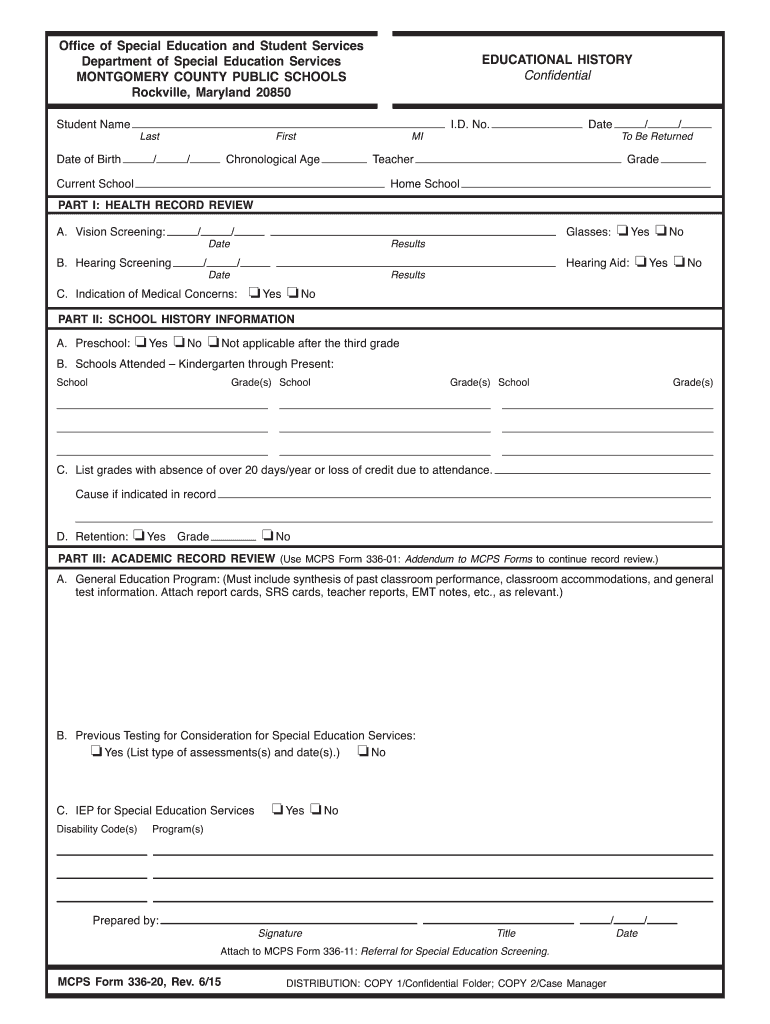 MCPS Forms 336 20 Rev 501 Montgomery County Public Schools Mcps K12 Md 