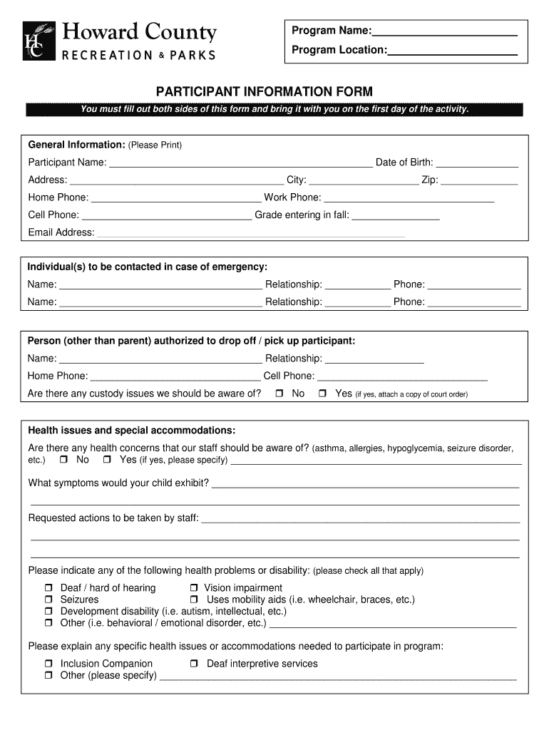 Md Participant Howard County Form Fill Online Printable Fillable 