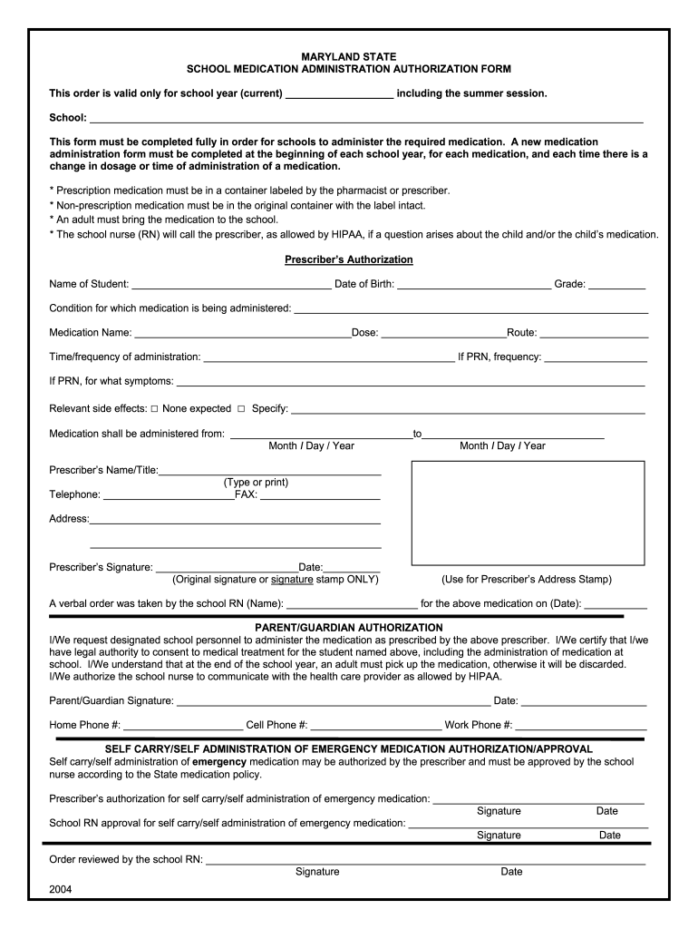 MD School Medication Administration Authorization Form 2004 2022 Fill 