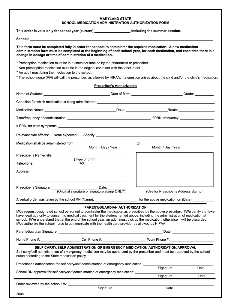 MD School Medication Administration Authorization Form 2004 2022 Fill