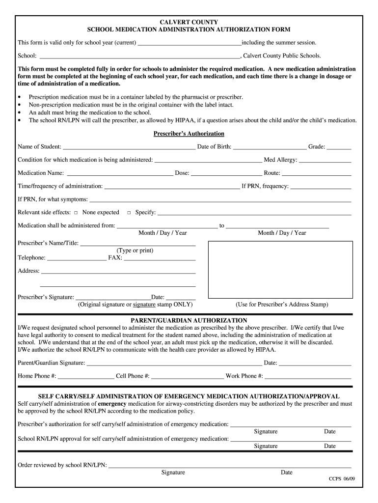 MD School Medication Administration Authorization Form Calvert County