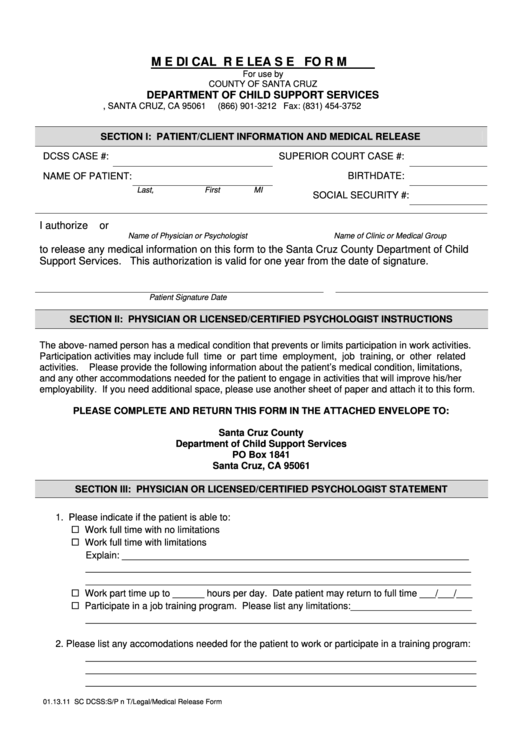 Medical Release Form Updated Superior Court Of Santa Cruz County