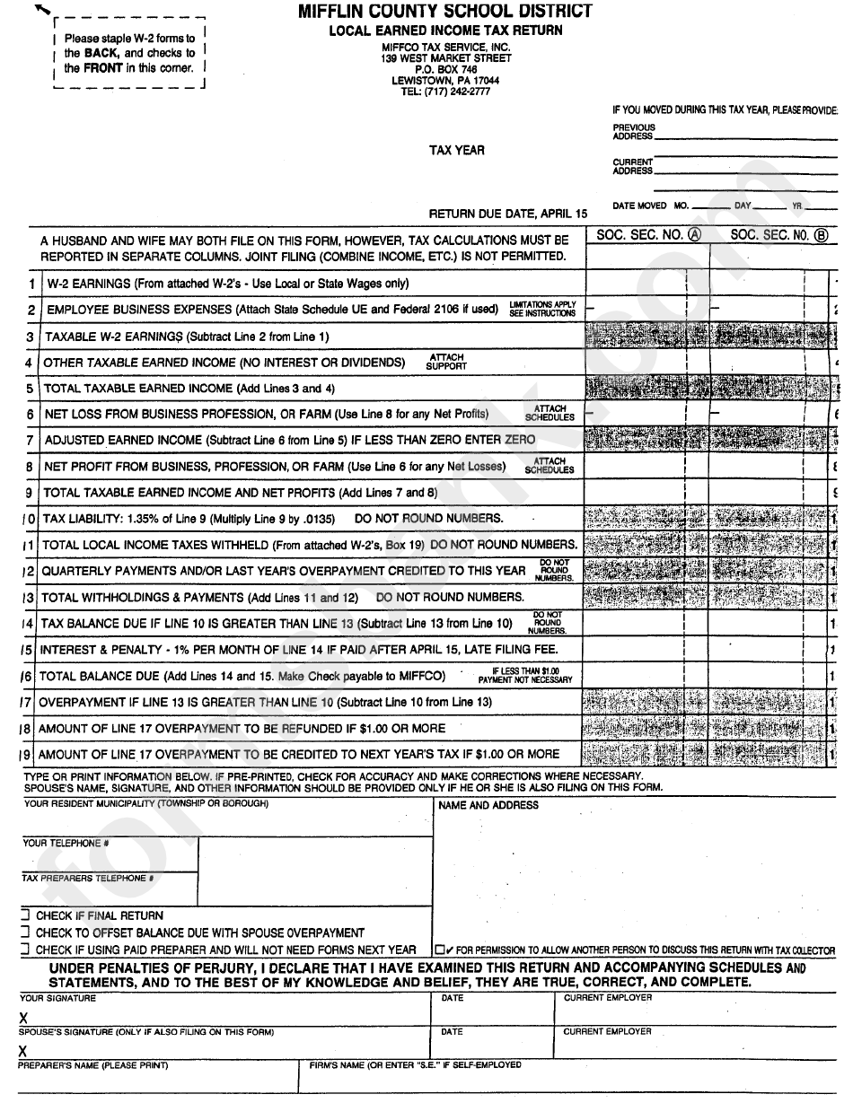 Mifflin County Local Income Tax Forms CountyForms