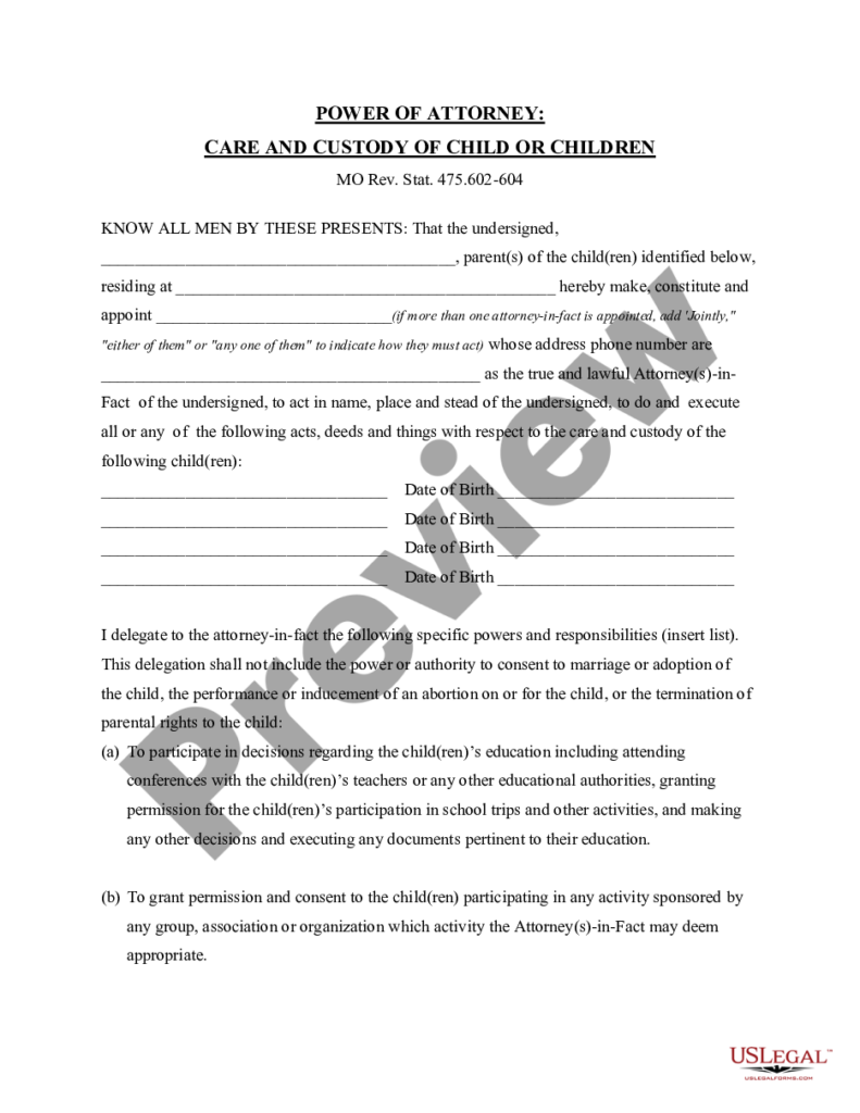 Missouri General Power Of Attorney For Care And Custody Of Child Or 