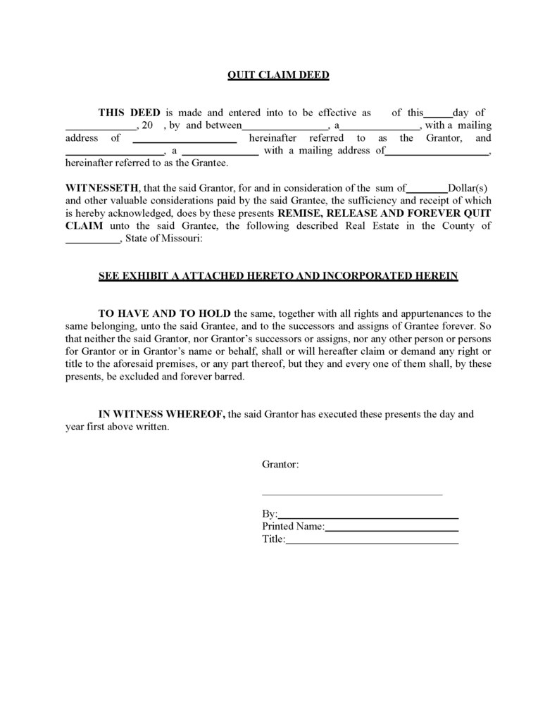 Missouri Quit Claim Deed Free Printable Legal Forms